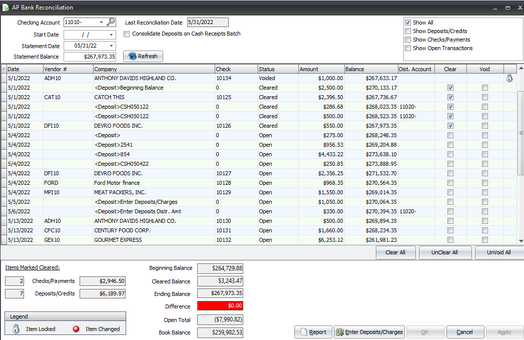 Accounts Payable Bank Reconciliation screen